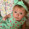 baby, child, headband, dress, ladybug_pattern, floral_background, portrait, cute, infant, looking_up, pink, yellow, green, patterned_clothing, closeup, young_child, indoors, soft_light, adorable, person