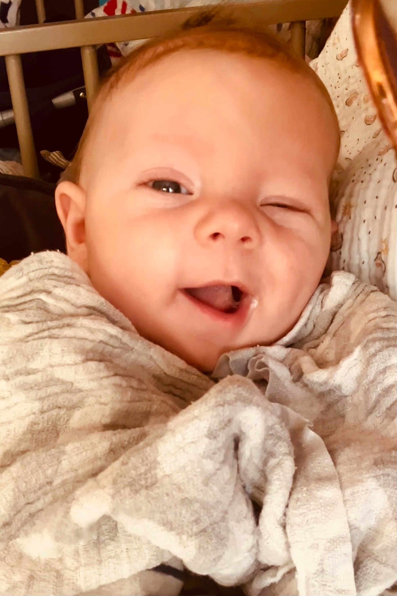 Teddy a rejoint le concours — aidez-le/la à gagner de superbes lots ! baby, blanket, face, smile, winking, infant, cozy, wrapped, cute, expression, closeup, child, indoors, soft_texture, cradle, happy, skin, head, person, portrait