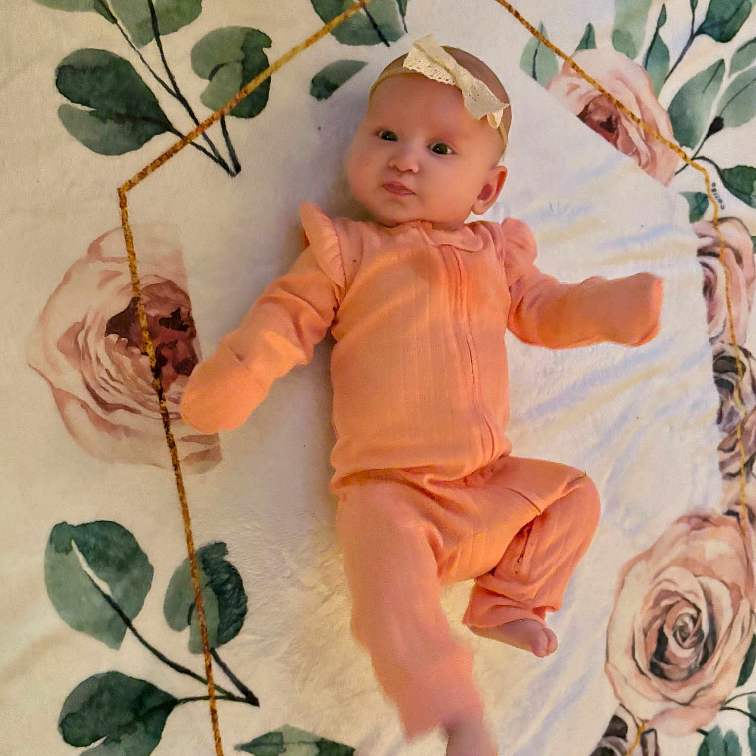 Willow May joined the competition — help win amazing prizes! baby, baby_clothing, blanket, child, comfort, cute, floral_pattern, headband, indoor, infant, leaf, lying_down, newborn, onesie, pastel_colors, portrait, rose, small_person, soft_texture, warm