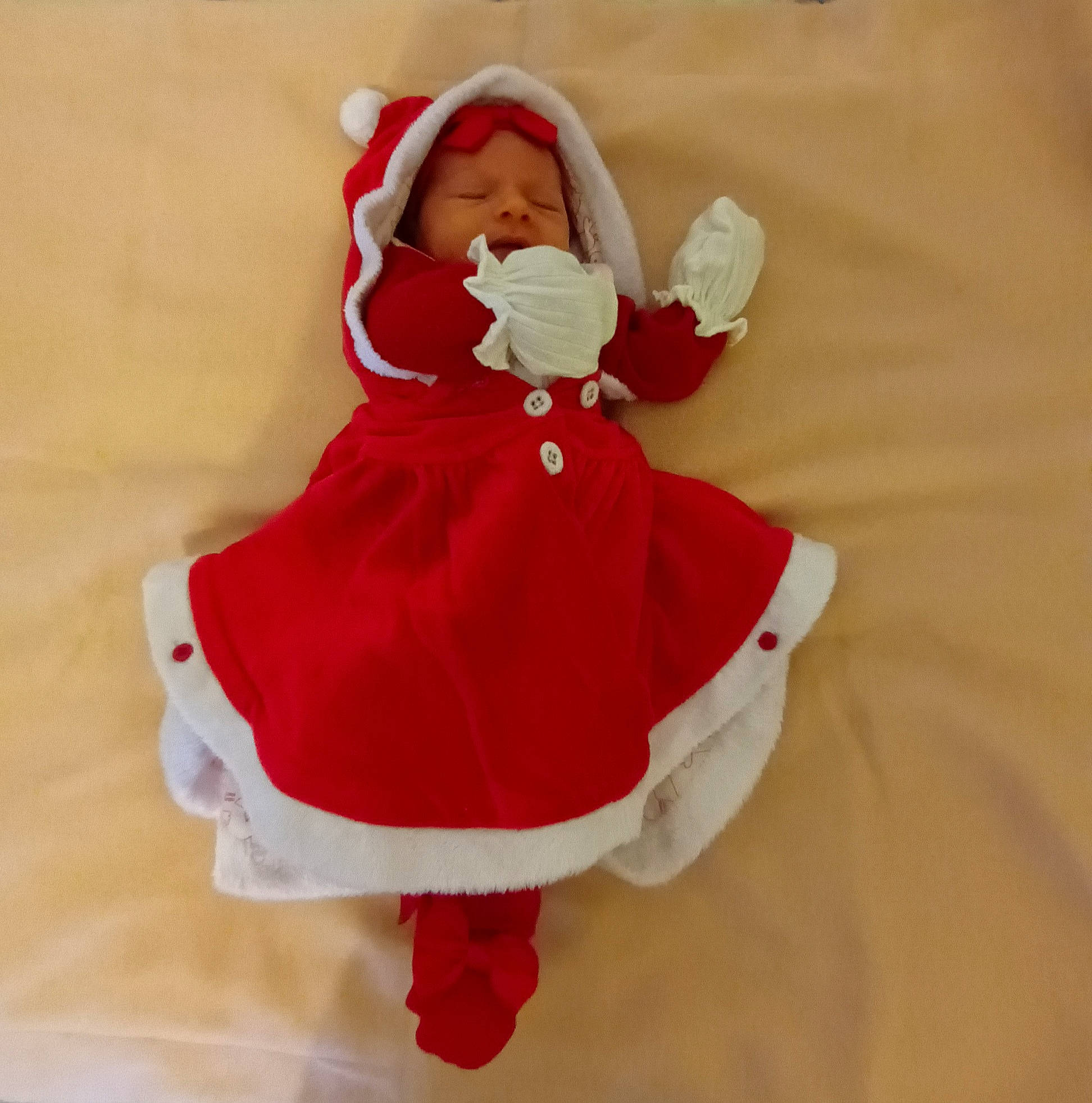 Mariana a rejoint le concours — aidez-le/la à gagner de superbes lots ! baby, baby_toddler_clothing, carmine, christmas, costume, costume_hat, dress, face, fictional_character, fur, hat, head, human_body, linens, peach, person, petal, santa_claus, sitting, sleeve