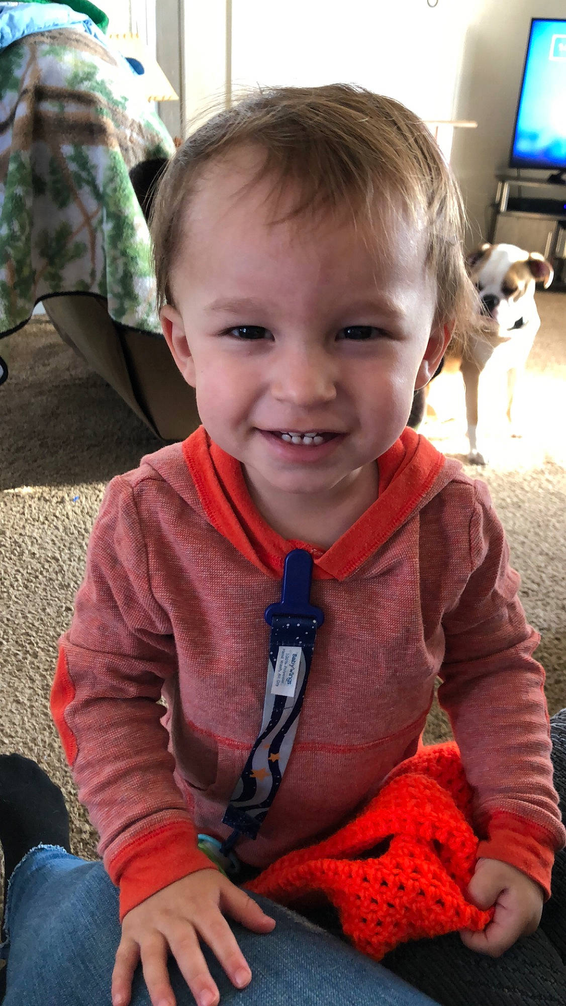 Ayden is registered to the contest to win money with this photo: child, fawn, joy, outerwear, person, play, smile, toddler