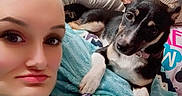 Chloe is registered to the contest to win money with this photo: woman, dog, selfie, portrait, indoor, bedroom, bed, cuddling, pet, black_and_white_dog, pointy_ears, short_hair, face, smiling, casual_clothing, turquoise_shirt, text_overlay, heart, cozy, photography
