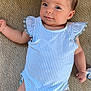 Alora joined the competition — help win amazing prizes! baby, infant, child, onesie, striped_clothing, blue_and_white, lying_down, cute, smiling, face, head, arms, legs, skin, indoors, textured_surface, comfortable, happy, young, portrait