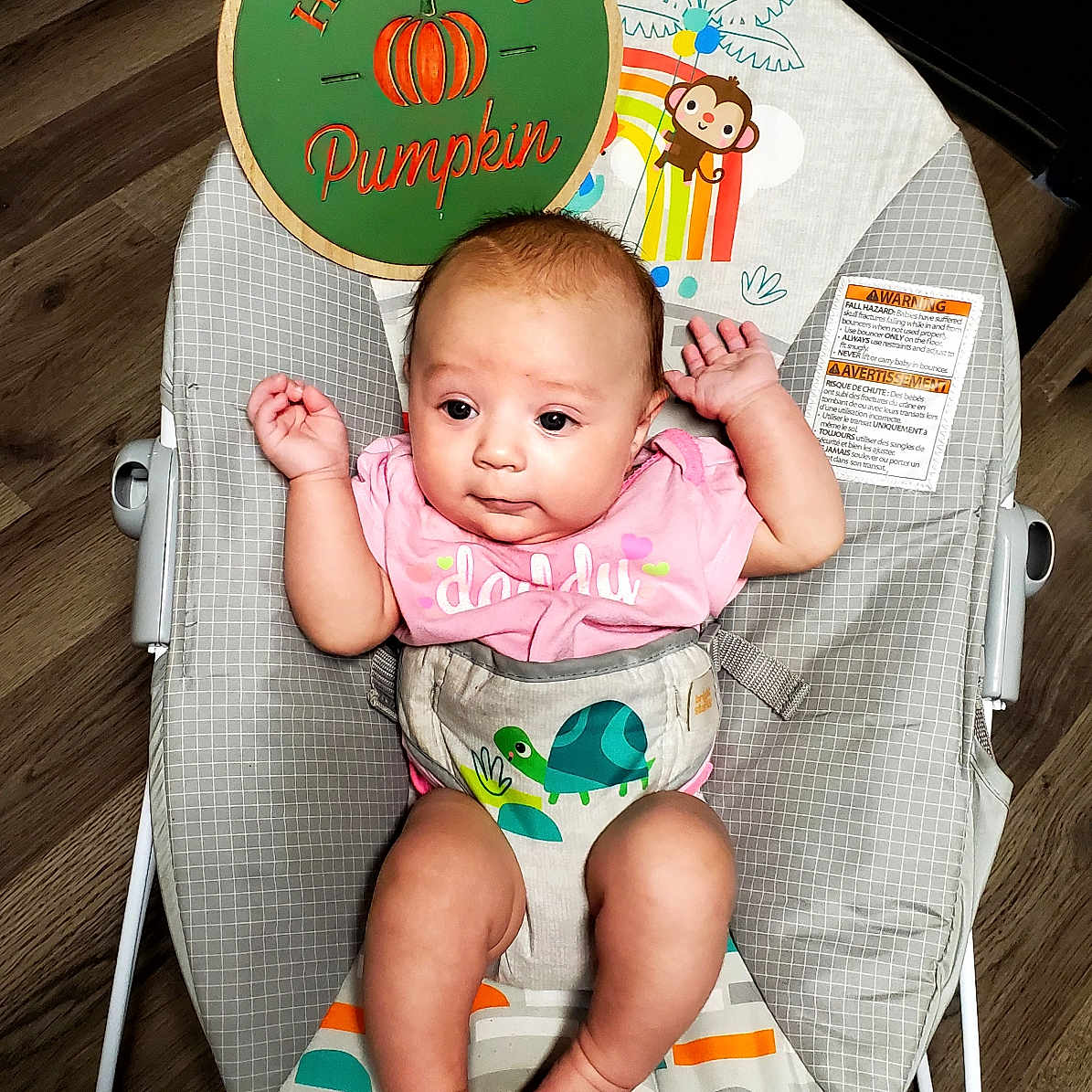 Arizona Rose joined the competition — help win amazing prizes! baby, infant, child, portrait, smiling, sitting, bouncer, baby_chair, pink_shirt, diaper_cover, turtle_pattern, halloween, pumpkin, colorful_blanket, wooden_floor, indoor, baby_toys, happy, face, arms