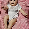 Arizona Rose is registered to the contest to win money with this photo: baby, infant, child, portrait, lying_down, pink_blanket, quilt, onesie, white_clothing, wide_eyed, face, eyes, arms, legs, feet, indoors, soft_blanket, closeup, candid, adorable