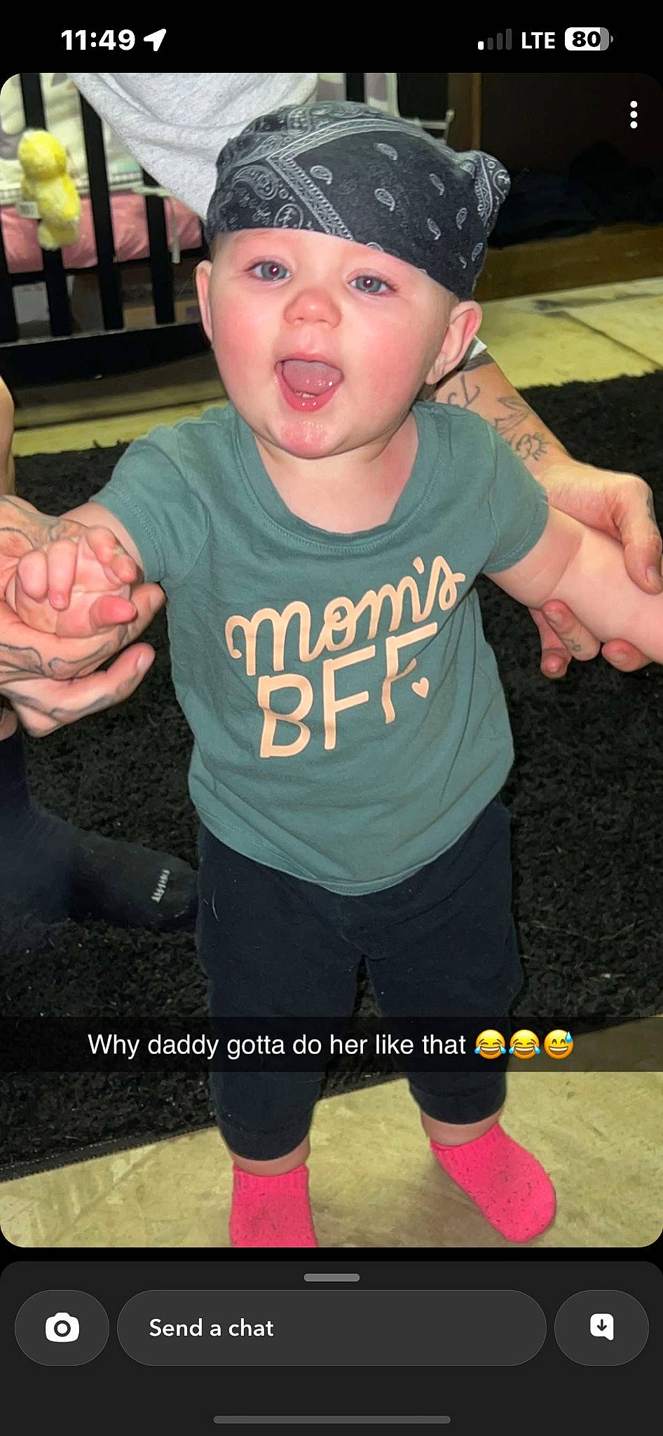 Ensley is registered to the contest to win money with this photo: cap, child, cool, elbow, fashion_accessory, finger, fun, gesture, happy, headwear, knee, person, personal_protective_equipment, pink, sleeve, sock, sportswear, t_shirt, thigh, thumb