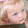 toddler, child, blonde_hair, blue_eyes, pink_bow, holding, chair, close_up, portrait, curious, indoors, clothing, earrings, cute, face, person, baby, skin, hair, expression