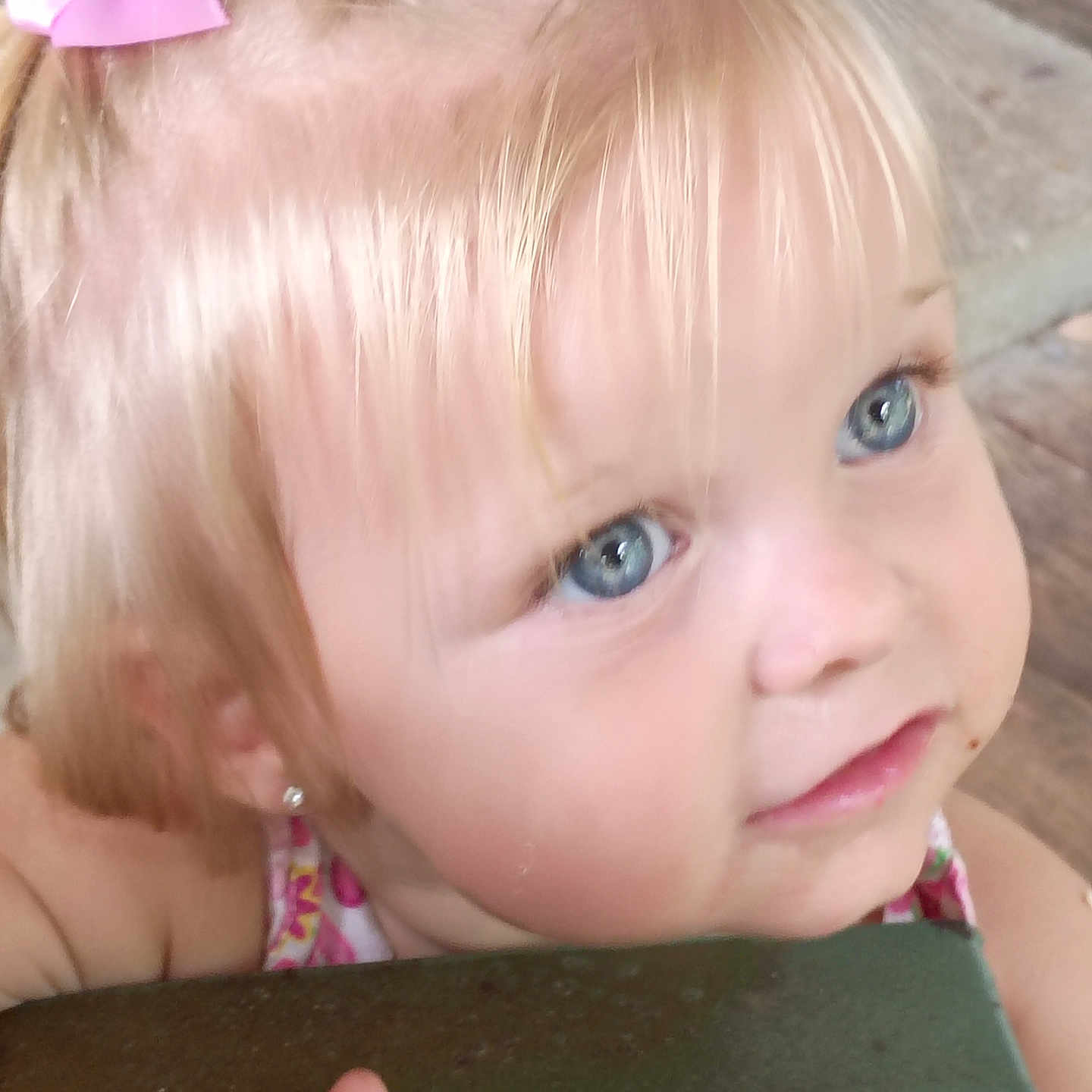 Lillian joined the competition — help win amazing prizes! toddler, child, blonde_hair, blue_eyes, pink_bow, holding, chair, close_up, portrait, curious, indoors, clothing, earrings, cute, face, person, baby, skin, hair, expression