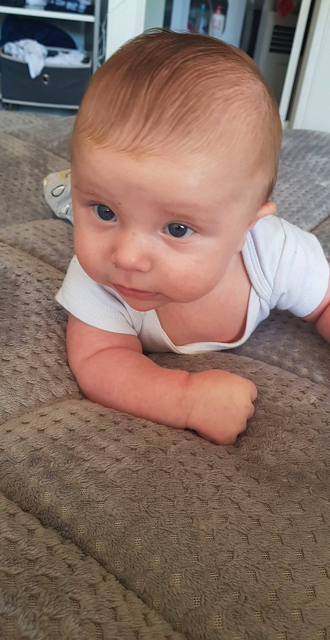 Gino participe au concours pour gagner de l'argent avec cette photo : baby, blond, cheek, child, chin, crawling, ear, eye, face, forehead, hair, head, lip, mouth, nose, person, sitting, skin, smile, toddler