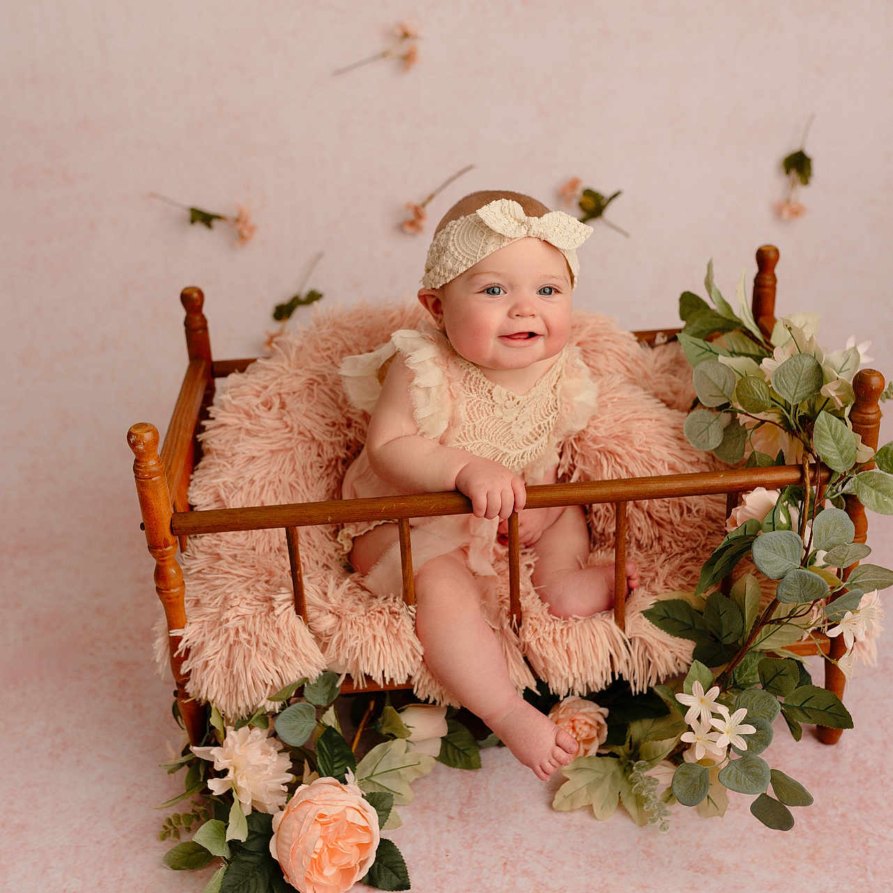 Sophie is registered to the contest to win money with this photo: baby, bed, clothing, crib, dress, face, flower, flowerarrangement, furniture, hat, head, infantbed, leaf, newborn, person, photography, plant, portrait, rose, toy