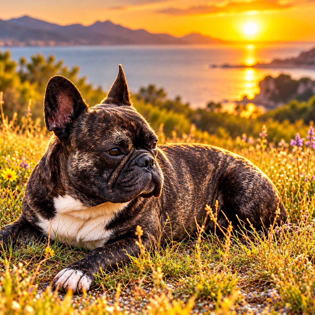 Scotty a rejoint le concours — aidez-le/la à gagner de superbes lots ! dog, french_bulldog, brindle, pet, animal, lying_down, outdoors, wildflowers, meadow, sunset, seascape, ocean, mountains, coastline, nature, golden_hour, portrait, ears, muzzle, landscape