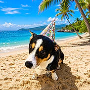 Azul is registered to the contest to win money with this photo: dog, beach, party_hat, sand, ocean, palm_tree, sunny, outdoor, holiday, vacation, animal, pet, tropical, nature, sky, water, summer, holiday_vibes, cute, portrait