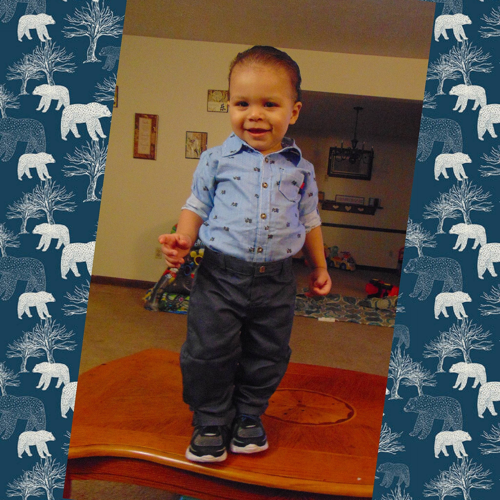 Jaxon is registered to the contest to win money with this photo: arm, child, denim, floor, flooring, jeans, joy, pattern, person, standing, textile, toddler, world