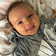 Aaron participe au concours pour gagner de l'argent avec cette photo : baby, child, face, smile, tongue_out, hoodie, gray_clothing, blanket, animal_print, cute, infant, lying_down, happy, closeup, person, soft_texture, cozy, warm, indoor, portrait