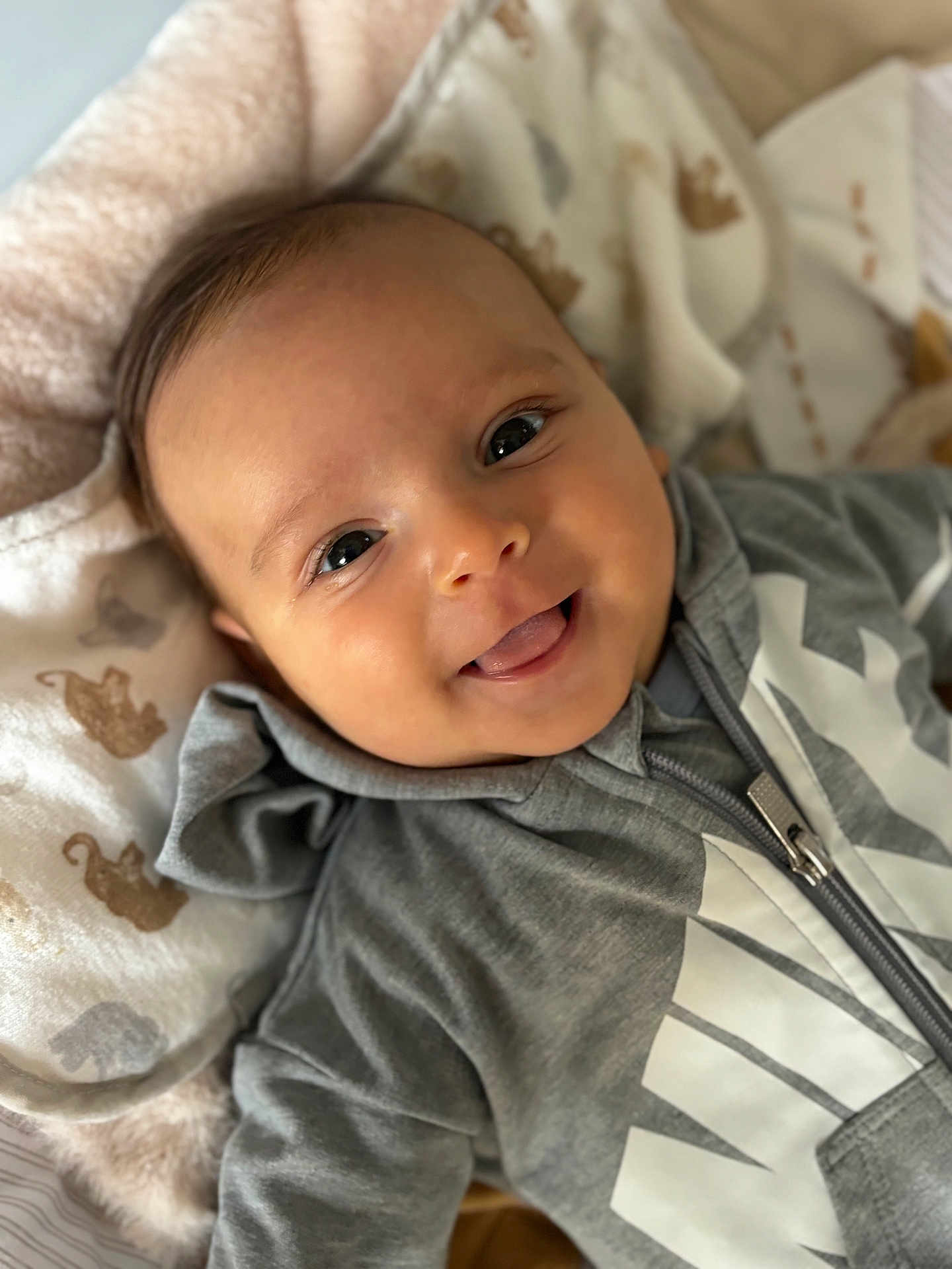 Aaron participe au concours pour gagner de l'argent avec cette photo : baby, child, face, smile, tongue_out, hoodie, gray_clothing, blanket, animal_print, cute, infant, lying_down, happy, closeup, person, soft_texture, cozy, warm, indoor, portrait