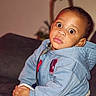 Issac is registered to the contest to win money with this photo: child, toddler, hoodie, blue_clothing, shoe, indoor, couch, curious, wide_eyes, hands, face, sitting, expression, infant, young_child, casual_clothing, portrait, baby, home, cute