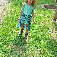 Cambrie joined the competition — help win amazing prizes! child, girl, hat, dress, boots, grass, shadow, sunlight, outdoor, summer, path, tree, nature, greenery, standing, casual_clothing, daylight, portrait, young, fashion