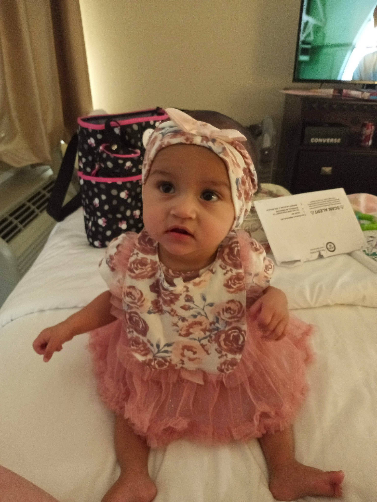 Justina joined the competition — help win amazing prizes! baby, baby_toddler_clothing, cheek, child, day_dress, dress, embellishment, event, fashion_accessory, flooring, fun, happy, headpiece, headwear, iris, person, room, sitting, skin, smile