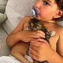 animal, baby, brown_hair, child, closeup, comfort, couch, cute, face, hand, holding, indoor, kitten, pacifier, pet, relaxing, skin, texture, toddler, young