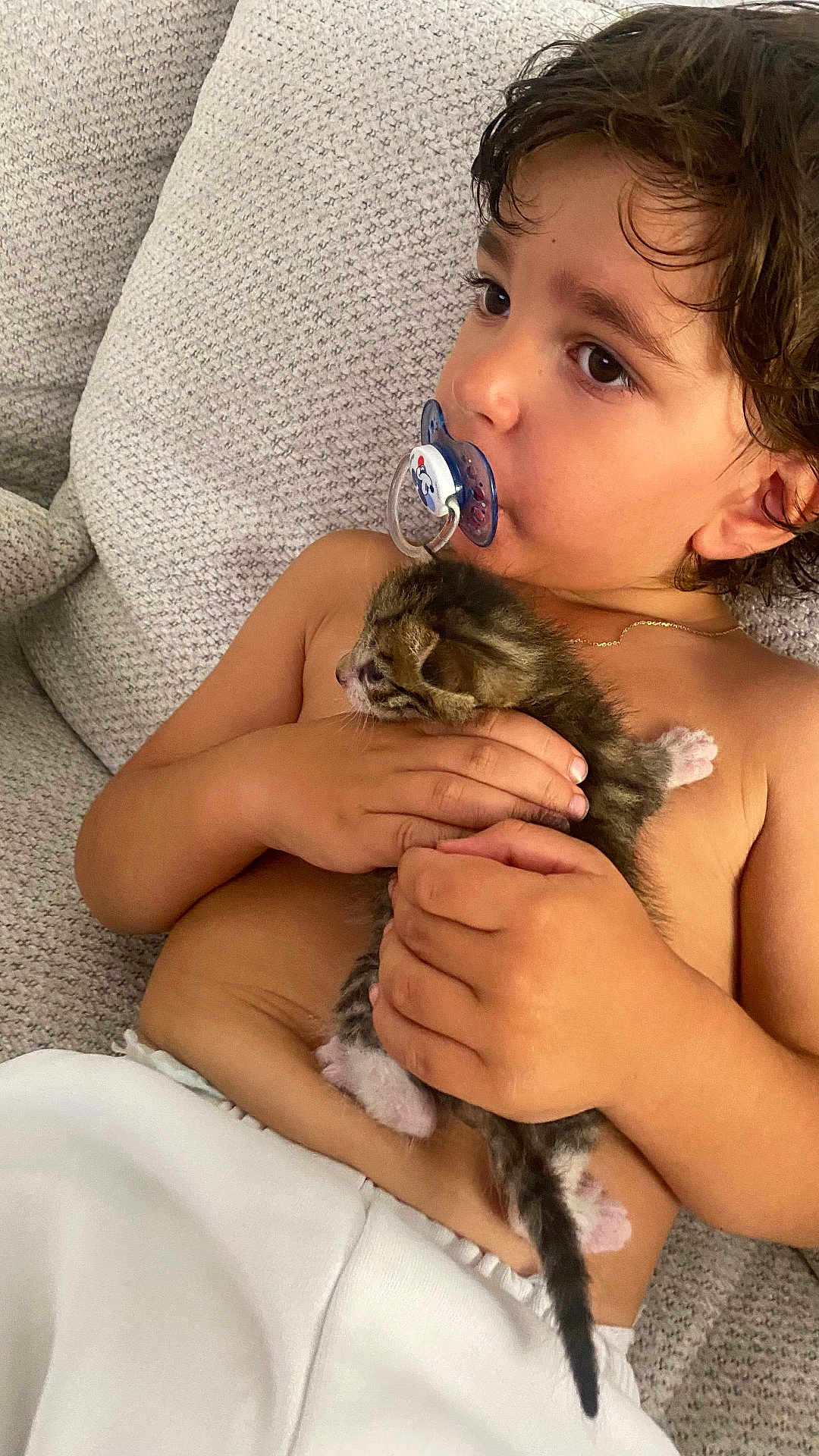 Pavle participe au concours pour gagner de l'argent avec cette photo : child, toddler, pacifier, kitten, pet, couch, texture, hand, face, brown_hair, skin, indoor, baby, comfort, cute, animal, young, relaxing, holding, closeup