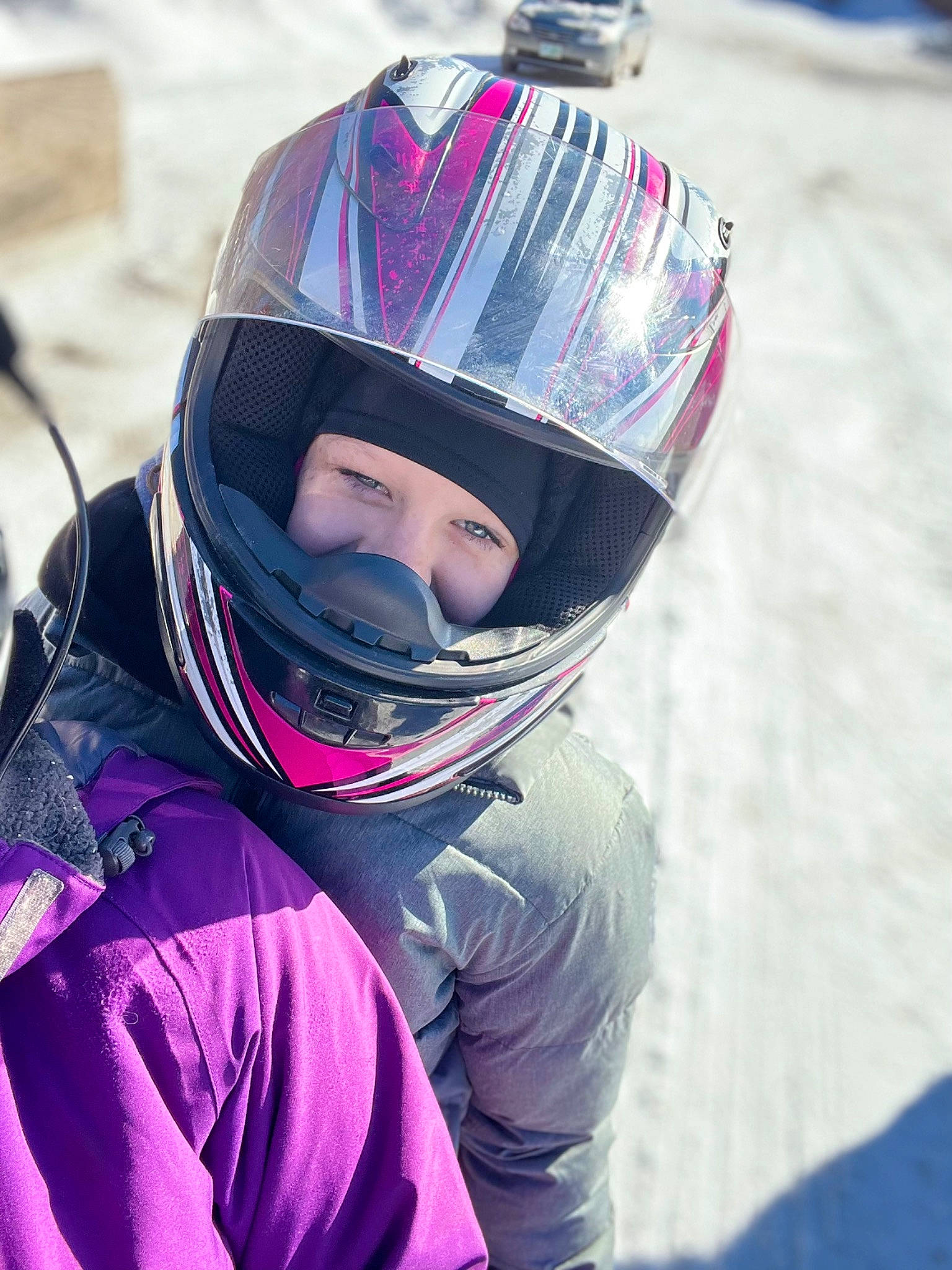 Nevaeh joined the competition — help win amazing prizes! adventure, blue, electric_blue, eyewear, freezing, fun, goggles, happy, helmet, magenta, motorcycle_helmet, person, personal_protective_equipment, purple, racing, recreation, snow, sports_equipment, sports_gear, windbreaker