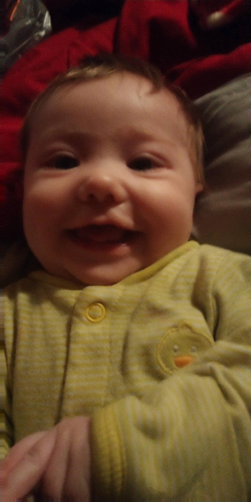 Brooklynn is registered to the contest to win money with this photo: baby, baby_toddler_clothing, cheek, eye, eyebrow, face, facial_expression, forehead, head, human_body, iris, lip, mouth, nose, organ, person, skin, sleeve, smile, textile