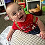 Flint is registered to the contest to win money with this photo: baby, blurred_background, bright_eyes, carpet, checkered, child, cute, face, happy, indoor, infant, person, pillow, playroom, red_shirt, shelf, sitting, smiling, suspenders, toy