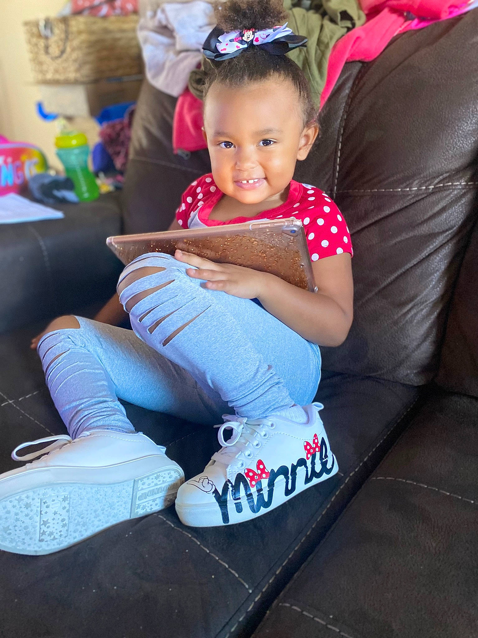 Avayah joined the competition — help win amazing prizes! bag, chair, child, comfort, event, fun, happy, human_leg, jeans, joy, knee, lap, leisure, magenta, person, recreation, sitting, sneakers, sock, thigh