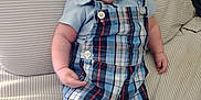 Silas joined the competition — help win amazing prizes! baby, infant, child, plaid, overalls, blue_clothing, striped_bedspread, bed, lying_down, cute, expression, skin, face, hand, foot, indoors, person, young, casual, comfortable