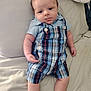 baby, infant, child, plaid, overalls, blue_clothing, striped_bedspread, bed, lying_down, cute, expression, skin, face, hand, foot, indoors, person, young, casual, comfortable