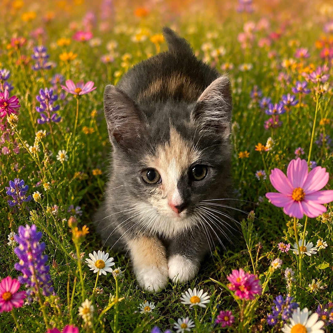 Cleo joined the competition — help win amazing prizes! kitten, cat, wildflowers, meadow, nature, outdoor, animal, cute, flora, colorful, greenery, pink_flower, purple_flower, daisy, grass, sunlight, young_animal, pet, closeup, curious