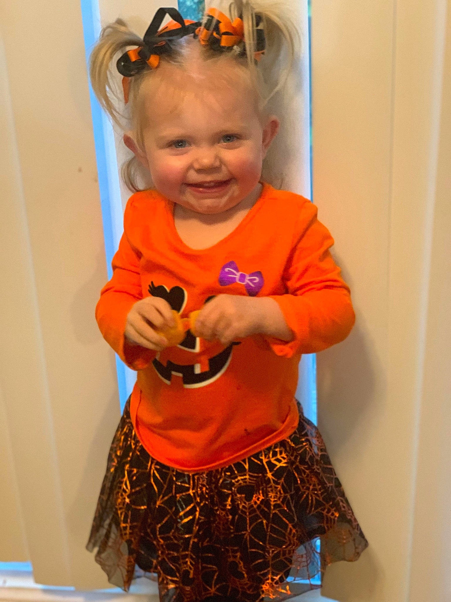 Lundynn joined the competition — help win amazing prizes! abdomen, baby_toddler_clothing, child, costume, event, goggles, happy, head, jewellery, joy, neck, necklace, orange, peach, person, sleeve, smile, sunglasses, t_shirt, toddler