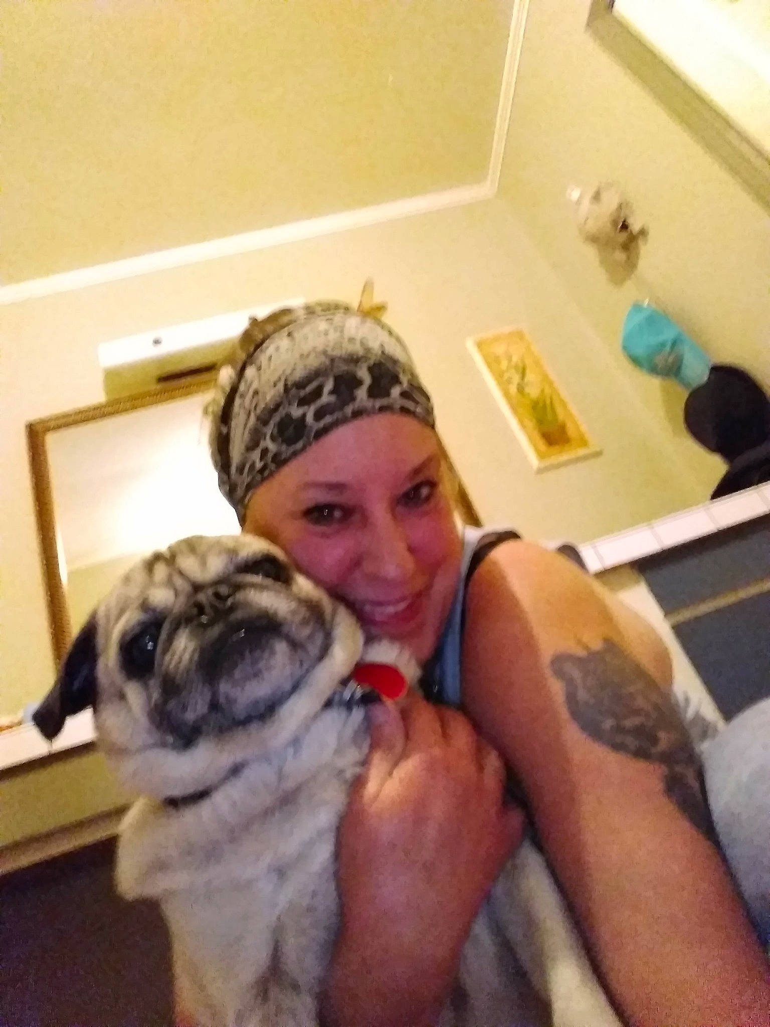 Chummily joined the competition — help win amazing prizes! baseball_cap, canidae, cap, carnivore, companion_dog, dog, dog_breed, fawn, flooring, fur, happy, pug, room, selfie, shoulder, smile, snout, sporting_group, toy_dog, wrinkle
