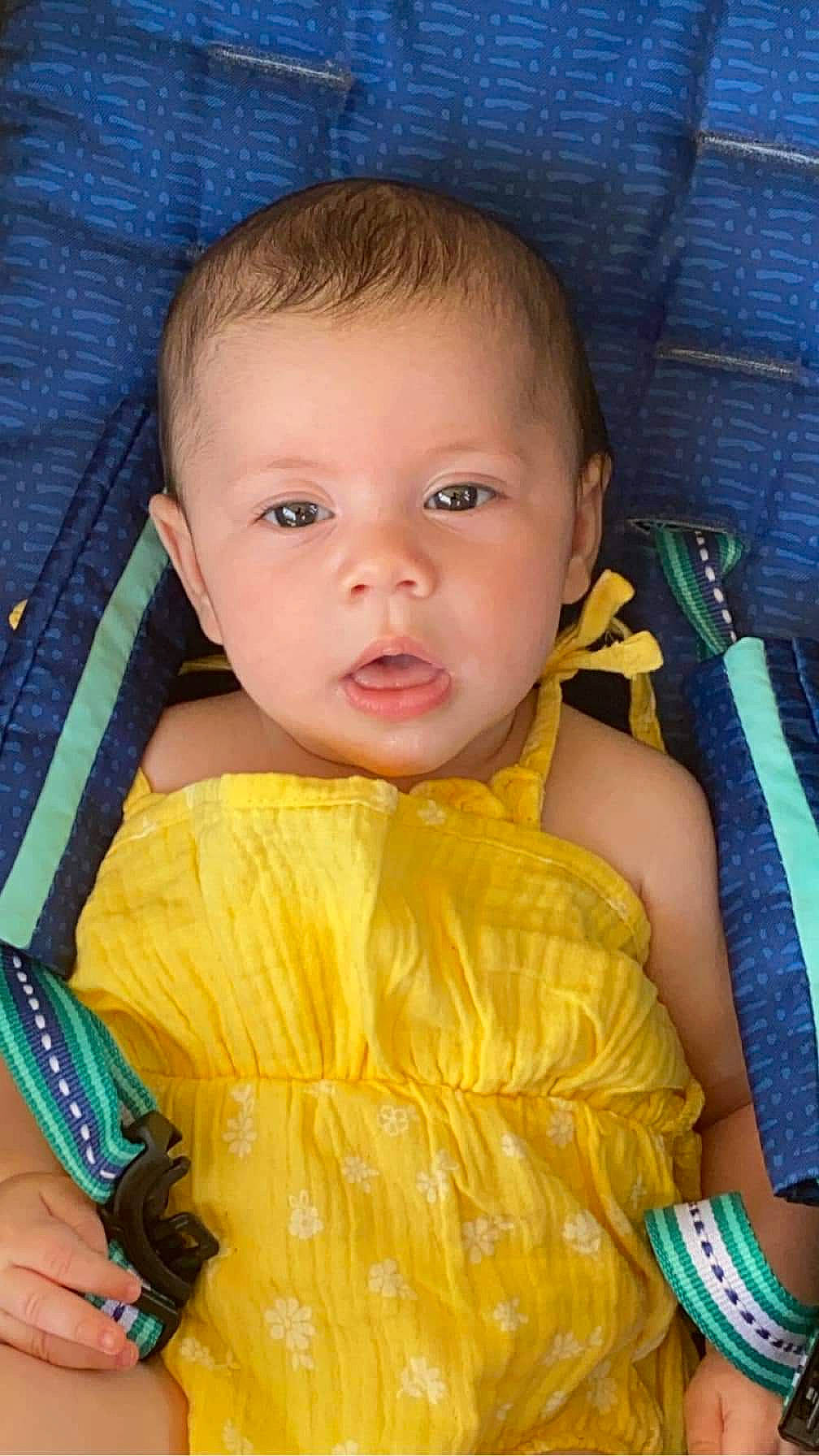 Avianna joined the competition — help win amazing prizes! baby, baby_products, baby_toddler_clothing, blue, cheek, child, chin, comfort, electric_blue, eyelash, fun, happy, head, iris, nose, person, seat_belt, skin, sleeve, smile