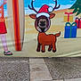 dog, reindeer_cutout, santa_hat, beach, surfboard, gifts, holiday, festive, illustration, outdoor, pavement, funny, cute, pet, christmas_tree, face_cutout, animal, summer, celebration, decor