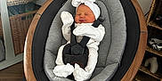 Remy is registered to the contest to win money with this photo: newborn, baby, sleeping, baby_rocker, headband, white_clothing, indoor, wooden_floor, basket, woven_basket, modern_furniture, baby_seat, infant, cozy, relaxed, child, soft_lighting, home, cute, peaceful