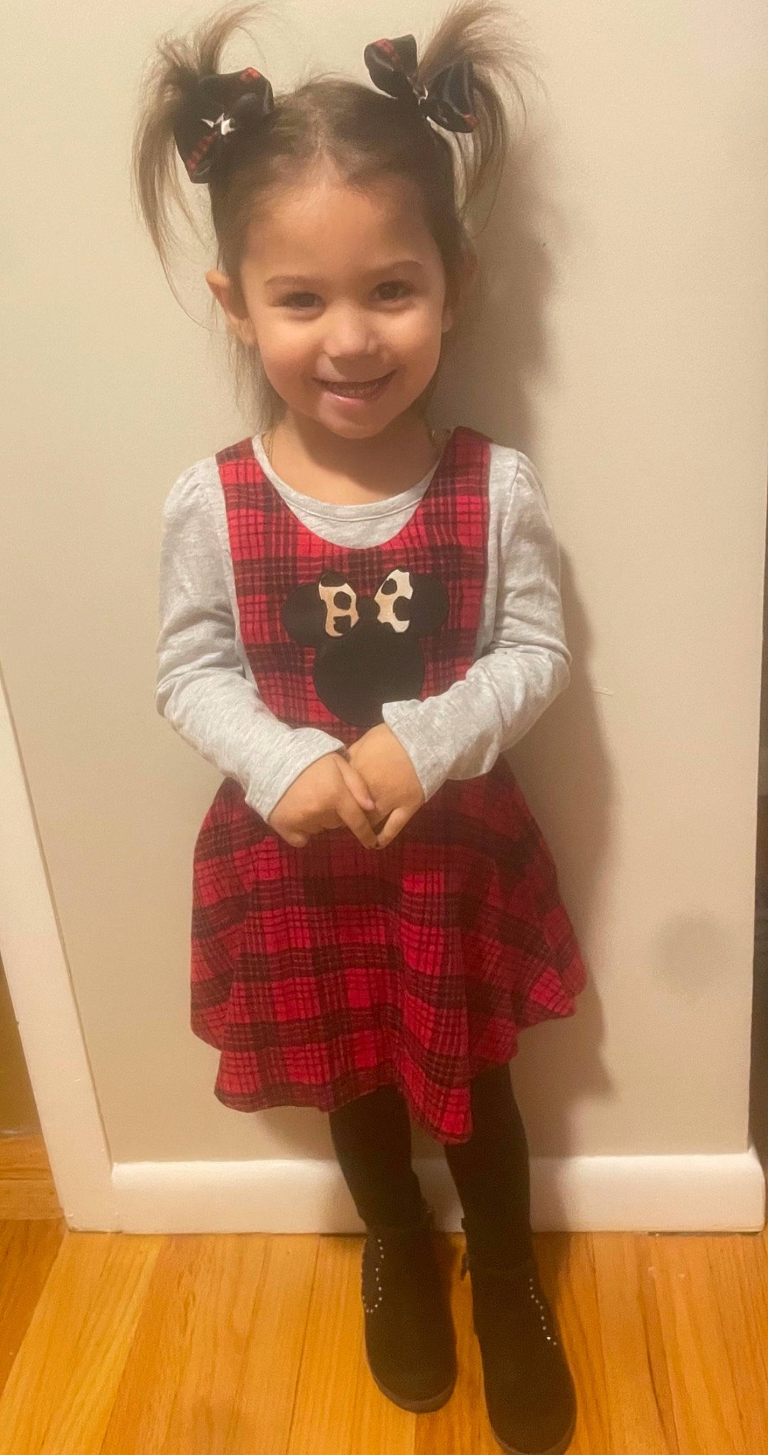 Amiyah joined the competition — help win amazing prizes! baby_toddler_clothing, black, clothing, collar, dress, dress_shirt, human_body, joy, leg, pattern, person, plaid, red, sleeve, smile, sock, standing, tartan, textile, toddler