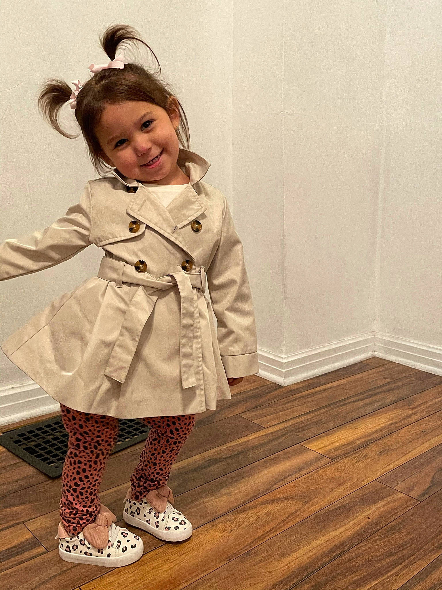 Amiyah joined the competition — help win amazing prizes! baby_toddler_clothing, brown_hair, fashion_accessory, fashion_design, floor, flooring, hair, happy, hardwood, human_leg, joy, knee, pattern, person, shoe, sleeve, smile, sock, toddler, vintage_clothing