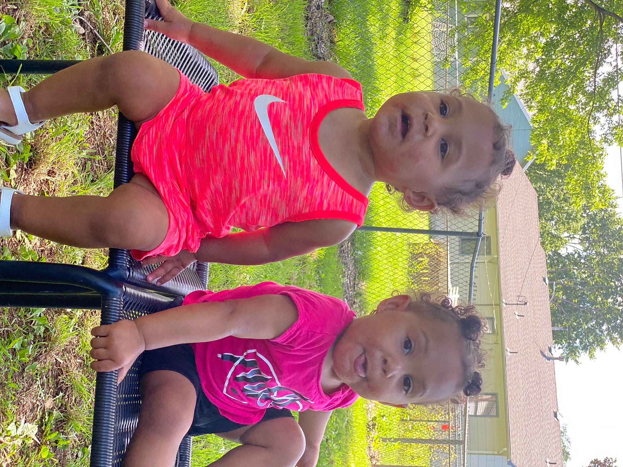 Ila And Ily joined the competition — help win amazing prizes! baby_toddler_clothing, black, child, clothing, fun, green, happy, leisure, people_in_nature, person, photograph, pink, plant, public_space, shorts, sky, smile, thigh, toddler, tree