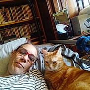 Magali Duchaussoir participe au concours pour gagner de l'argent avec cette photo : person, cat, orange_tabby, glasses, striped_shirt, bookshelf, books, mirror, blanket, wooden_cabinet, indoor, furniture, resting, pet, home, relaxed, reflection, casual, comfort, cozy