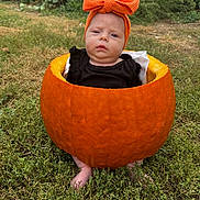 Brynne is registered to the contest to win money with this photo: baby, child, pumpkin, orange_bow, headband, grass, outdoor, fall, autumn, cute, costume, nature, greenery, feet, black_clothing, seasonal, holiday, portrait, baby_in_pumpkin, expression