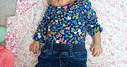 Mi'Angel joined the competition — help win amazing prizes! baby, infant, sleeping, portrait, floral_shirt, jeans, yellow_sock, blanket, heart_pattern, lying_down, indoors, cozy, peaceful, closed_eyes, dark_hair, fashionable, newborn, textile, furniture, photography