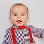 baby, child, face, expression, shirt, bow_tie, suspenders, plaid, red, blue, white_background, portrait, cute, young, person, smile, eyes, head, clothing, infant