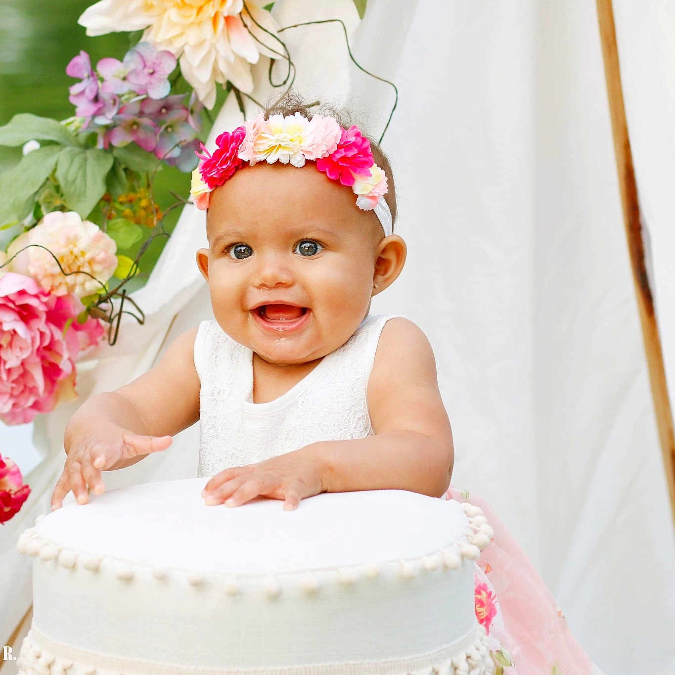 Stella joined the competition — help win amazing prizes! baby, birthday, cake, cake_decorating, child, dessert, dress, fashion_accessory, food, hair_accessory, headgear, headpiece, icing, joy, person, photograph, pink, plant, sugar_cake, sweetness