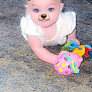 Willow joined the competition — help win amazing prizes! baby, infant, crawling, toy, carpet, indoor, child, face_filter, dog_filter, leopard_ears, cute, playful, white_clothing, colorful_toys, hand, expression, young_child, person, floor, fun