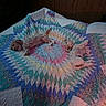 bed, blanket, canine, colorful, dog, furniture, indoor, nap, pattern, pet, quilt, resting, sleeping, small_dog, wood_paneling, cozy, domestic, two_dogs, lying_down, soft
