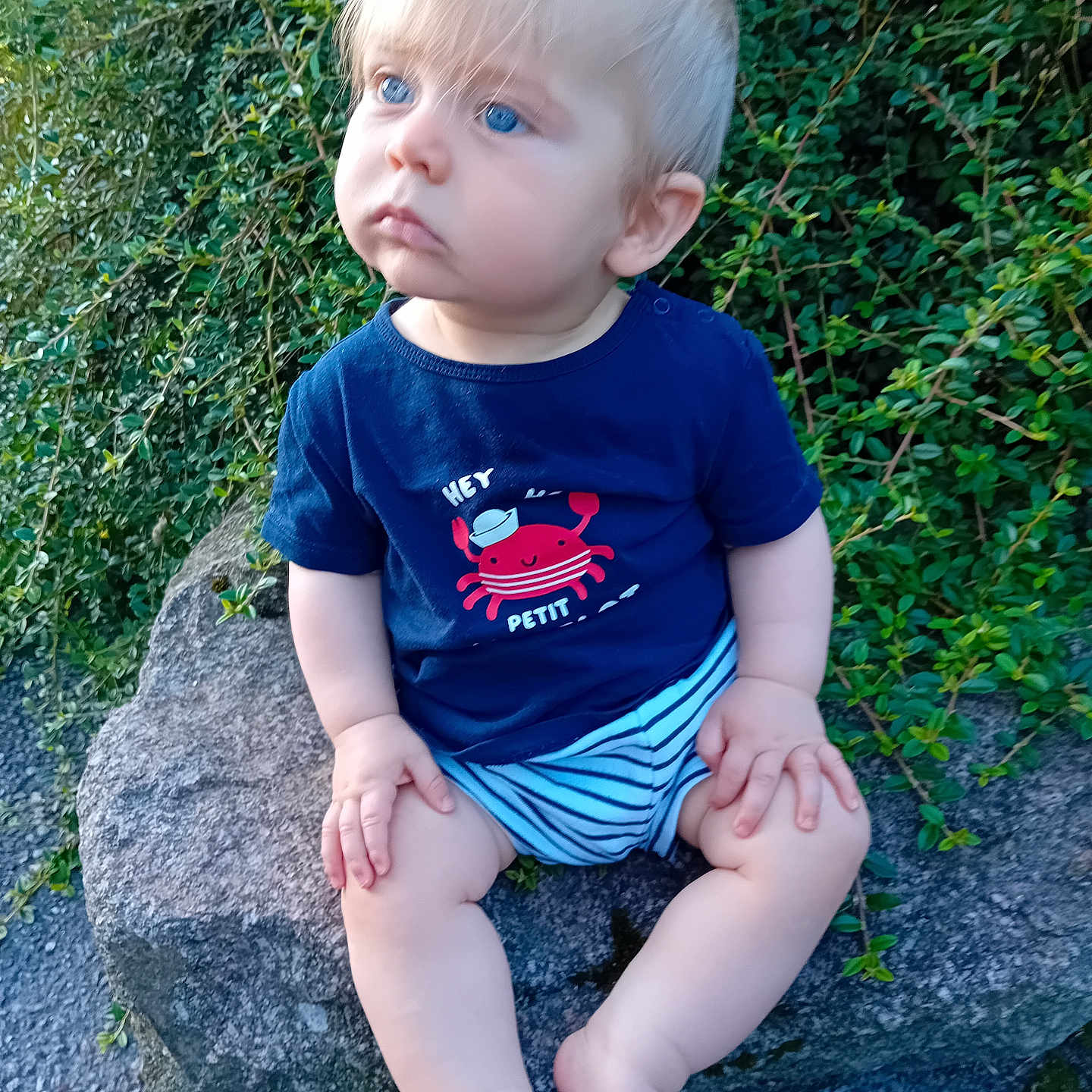 Eden a rejoint le concours — aidez-le/la à gagner de superbes lots ! ankle, baby, bodypart, clothing, face, finger, frown, hand, head, longsleeve, pants, person, photography, portrait, sad, shorts, sitting, slate, sleeve, t_shirt