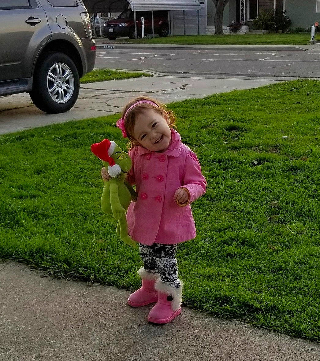 Loveah is registered to the contest to win money with this photo: car, child, city_car, flower, footwear, grass, joy, lawn, leaf, person, pink, plant, road, shoe, sidewalk, sport_utility_vehicle, toddler, vehicle, walking