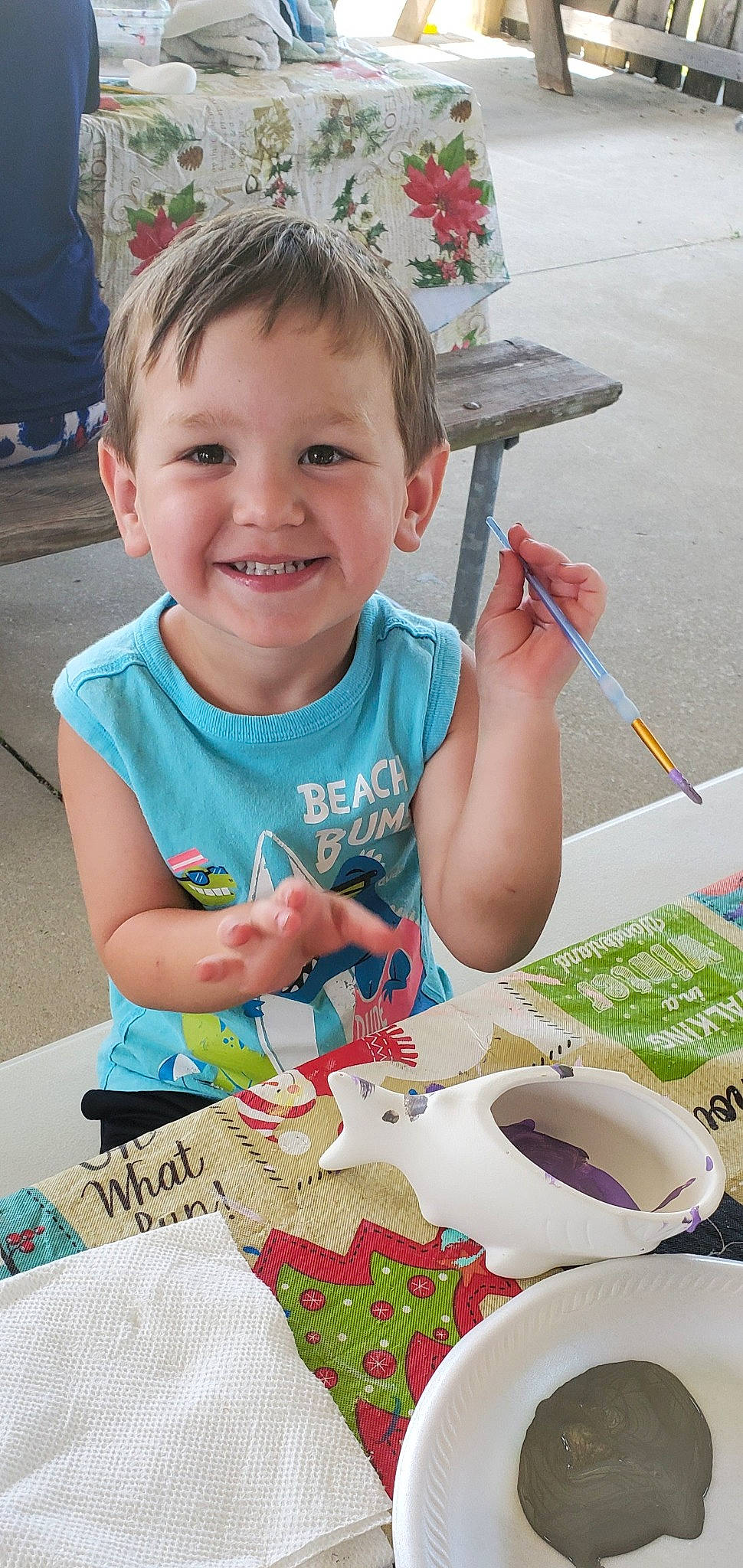 Lucas is registered to the contest to win money with this photo: child, comfort_food, eating, finger, food, fun, joy, learning, paint, person, play, tableware, toddler, vacation
