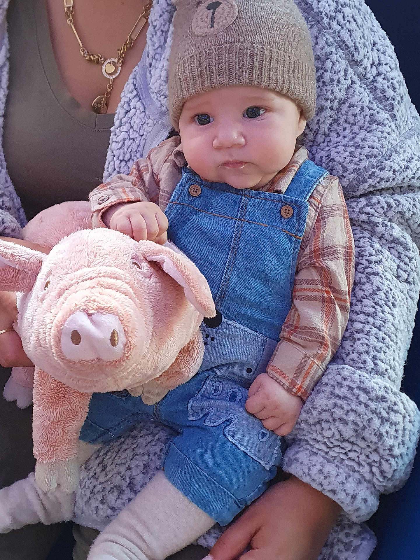 Justin is registered to the contest to win money with this photo: baby, child, plush_toy, pig, denim_overalls, knit_hat, bear_design, cozy_clothing, blanket, person, jewelry, necklace, hand, soft_texture, indoor, portrait, cute, infant, warm, comfort